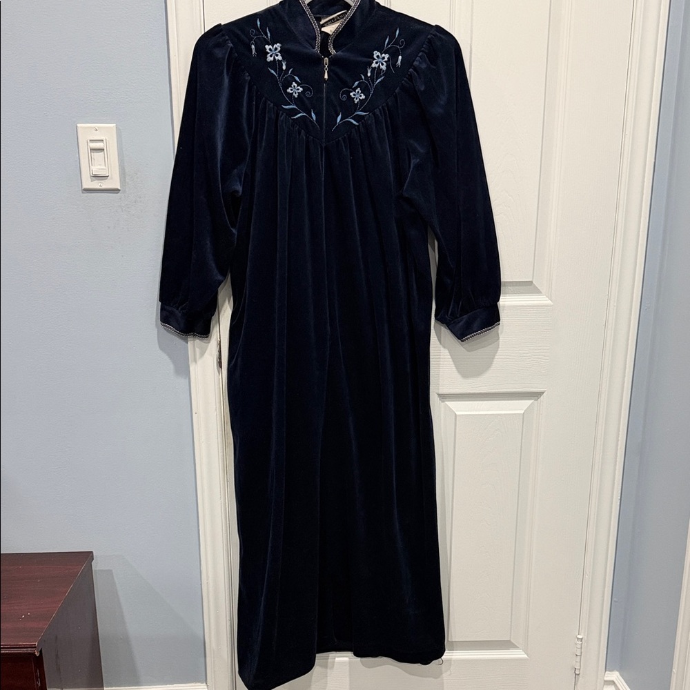 Elegant Navy Blue Velvet gown with Embroidery